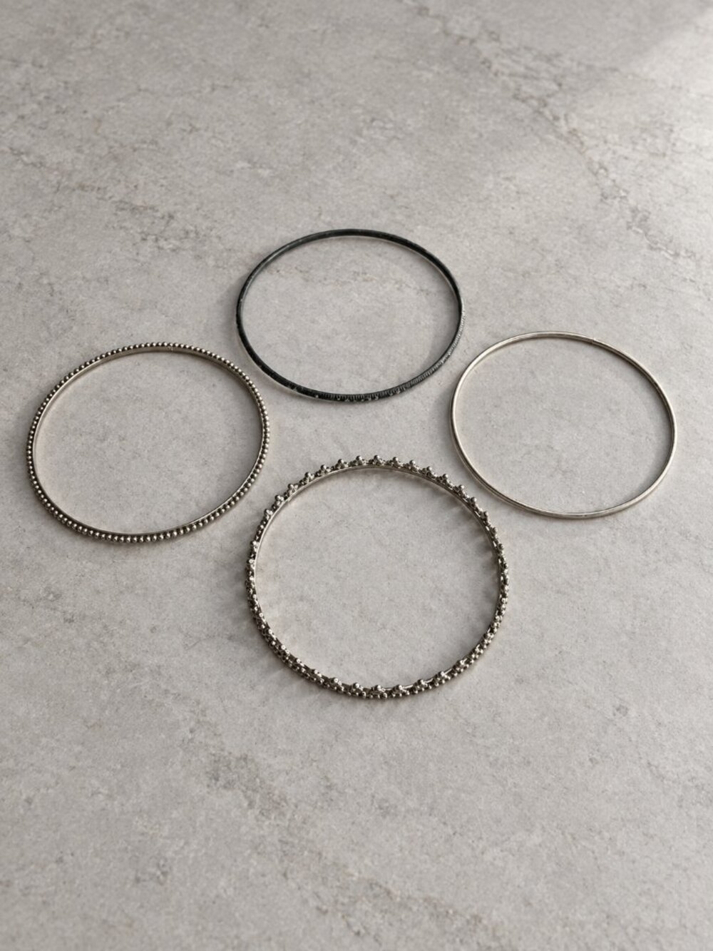 Silver Bangle Set of 4 Beaded Stacking Bracelets Large Wrist 2.9 - 3.0 in